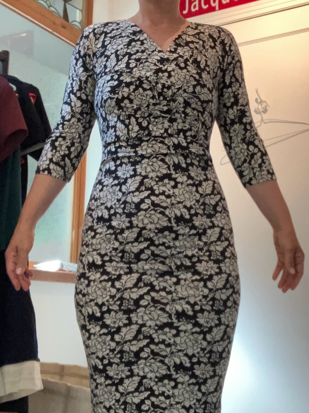 MaxMara Black and White Floral Wrap-Style Midi Dress